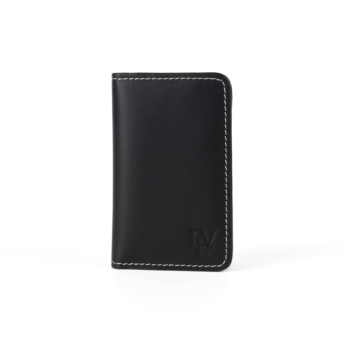 Minimal Card Holder, Black, front view: smooth black leather, contrast stitching, ELV monogram debossed near the bottom edge.