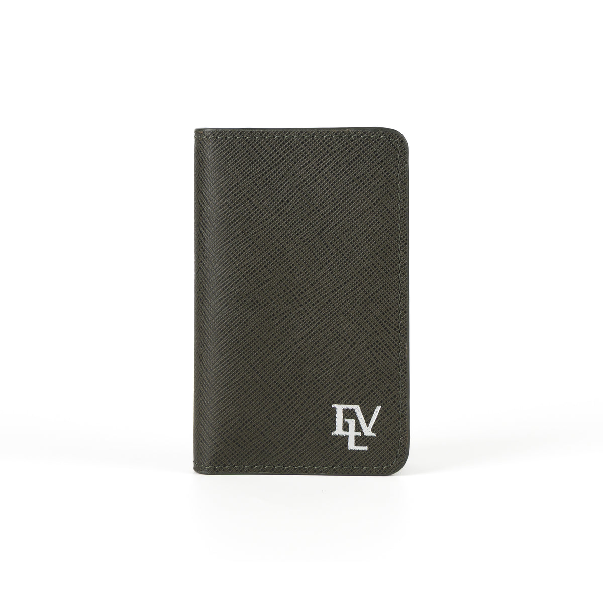 Saffiano Card Holder, Forest Green, front view: crosshatch-textured Saffiano leather with the ELV monogram in silver foil.