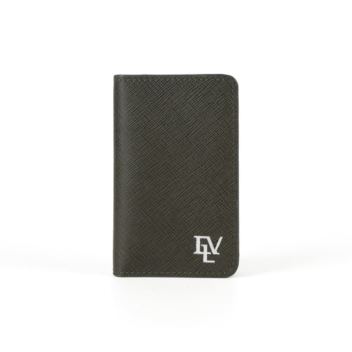 Saffiano Card Holder, Forest Green, front view: crosshatch-textured Saffiano leather with the ELV monogram in silver foil.