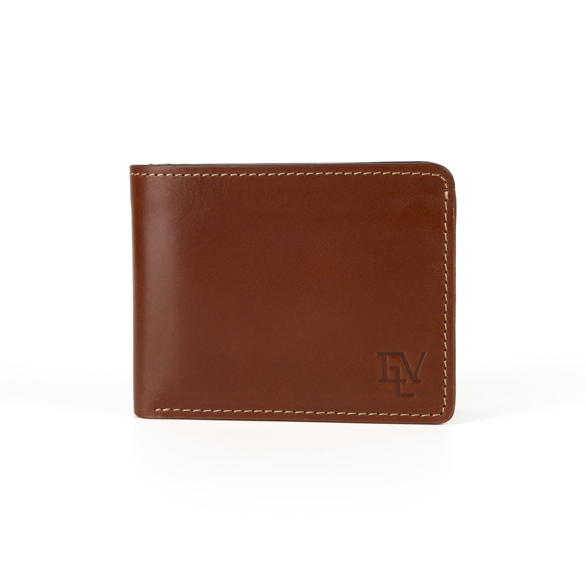 Classic Bifold, Rosata Tan, front view: smooth tan leather, contrast stitching, ELV monogram debossed in the corner.