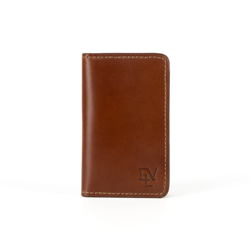 Minimal Card Holder, Rosata Tan, front view: smooth tan leather, contrast stitching, ELV monogram debossed near the bottom edge.
