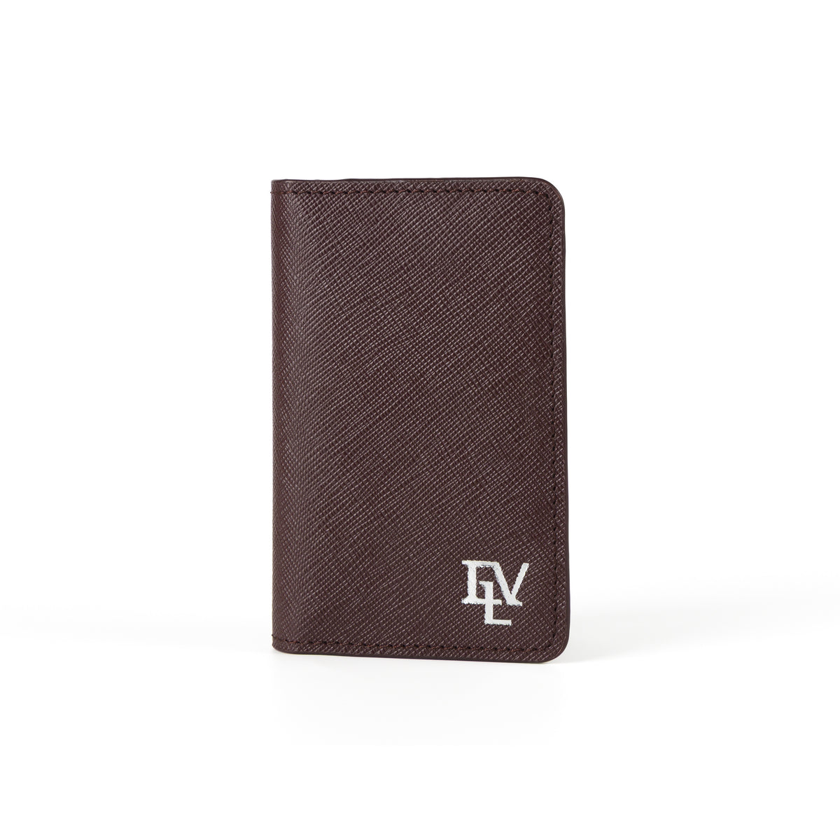 Saffiano Card Holder, Burgundy, front view: crosshatch-textured Saffiano leather with the ELV monogram in silver foil.
