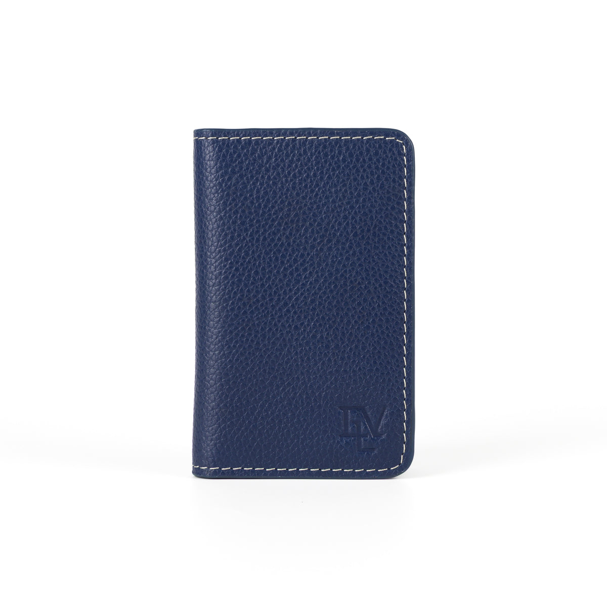 Everyday Card Holder, Alpine Blue, front view: pebble-grain blue leather, contrast stitching, ELV monogram debossed near the bottom edge.