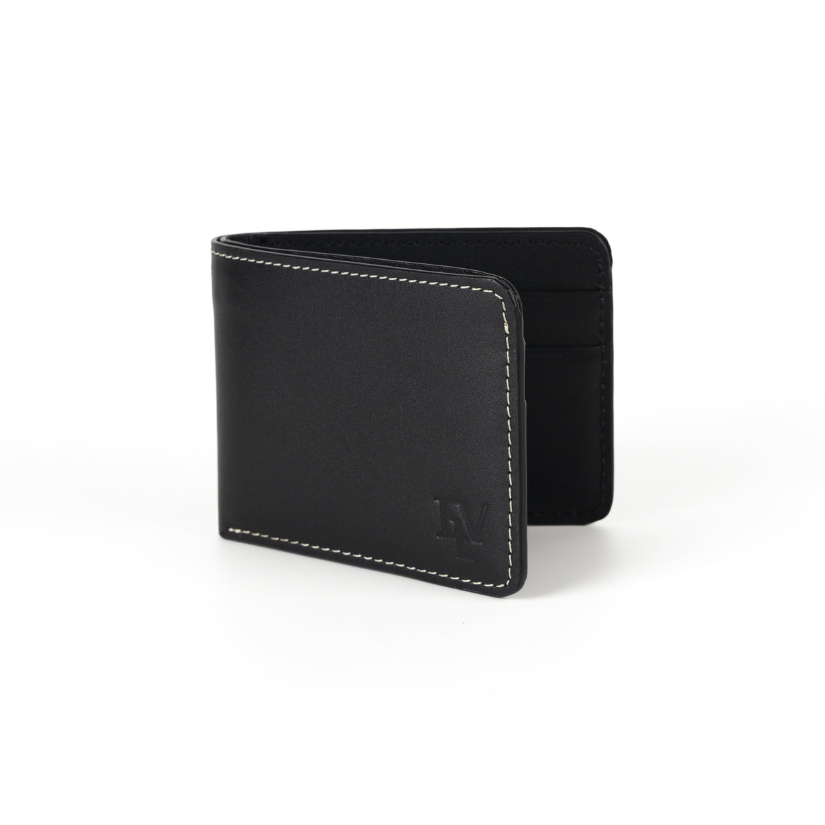 Classic Minimal Bifold, Black, standing half open to show the card slots inside.