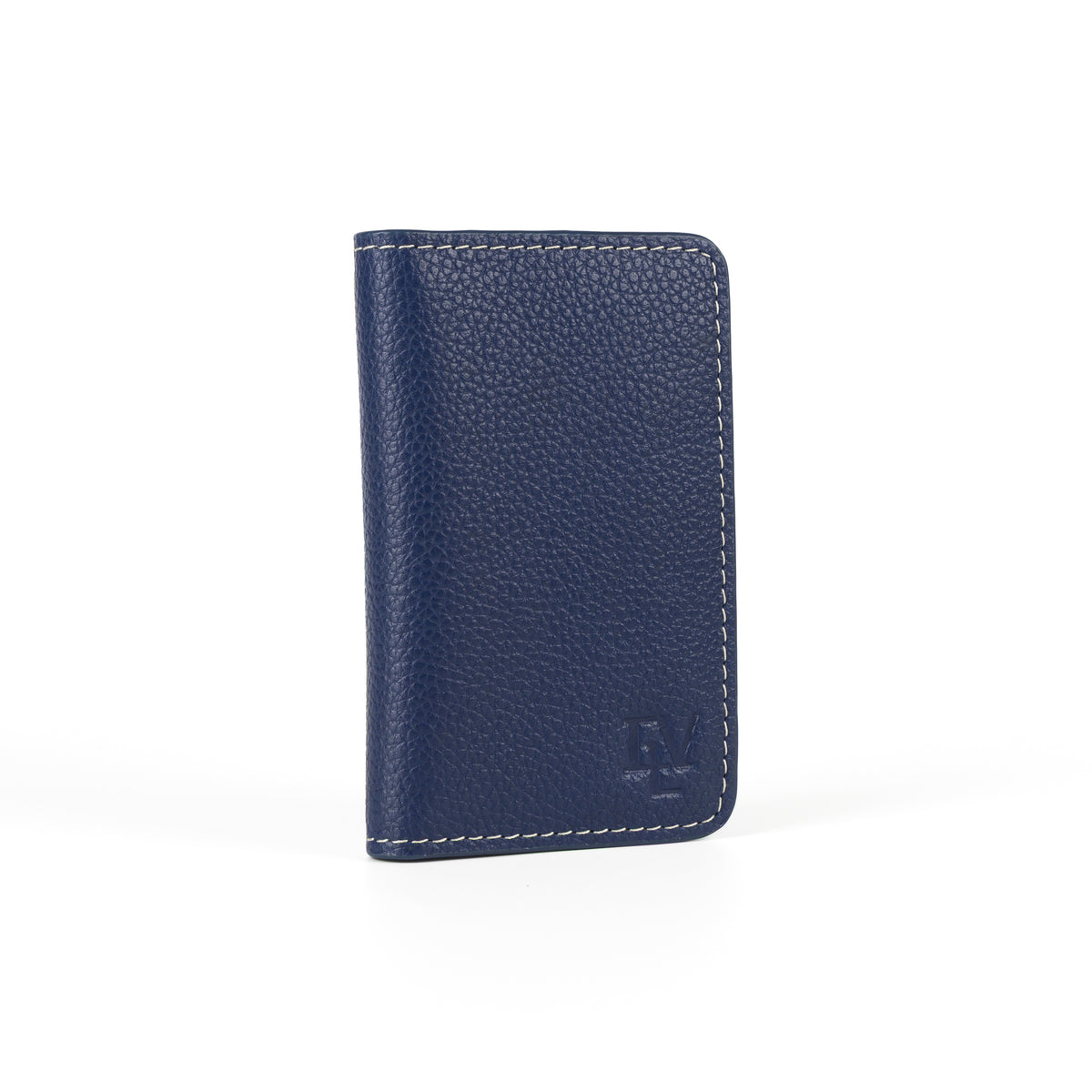 Everyday Card Holder, Alpine Blue, closed, seen at an angle to show its slim profile.