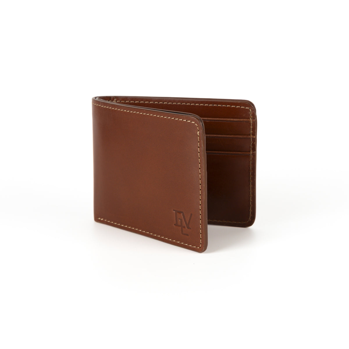 Classic Bifold, Rosata Tan, standing half open to show the card slots inside.