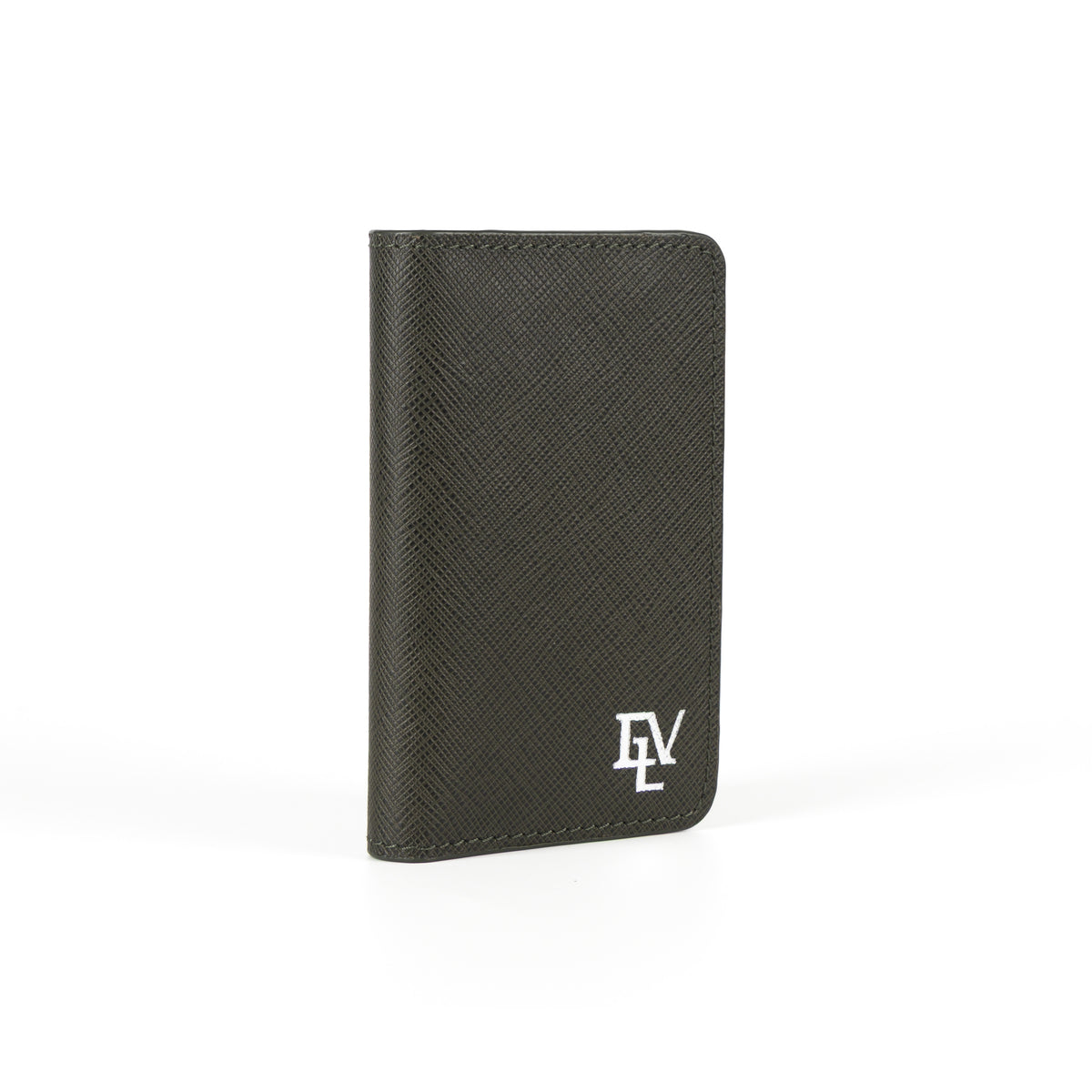 Saffiano Card Holder, Forest Green, closed, seen at an angle to show its slim profile.