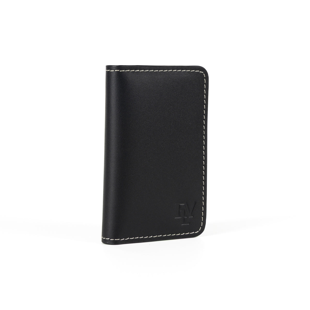Minimal Card Holder, Black, closed, seen at an angle to show its slim profile.