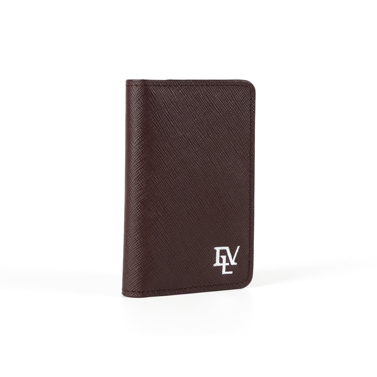 Saffiano Card Holder, Burgundy, closed, seen at an angle to show its slim profile.