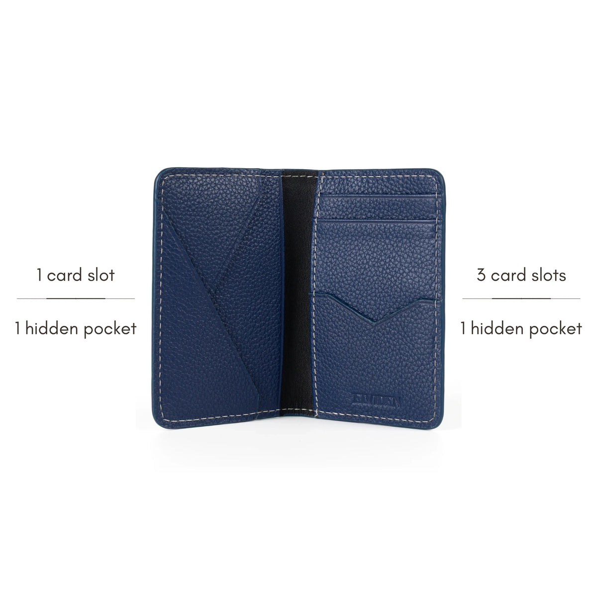 Everyday Card Holder, Alpine Blue, open: 1 card slot and 1 hidden pocket on the left, 3 card slots and 1 hidden pocket on the right.