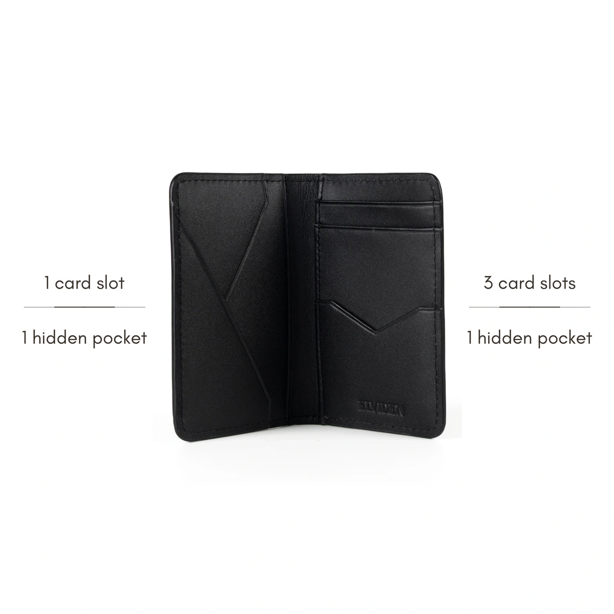 Minimal Card Holder, Black, open: 1 card slot and 1 hidden pocket on the left, 3 card slots and 1 hidden pocket on the right.