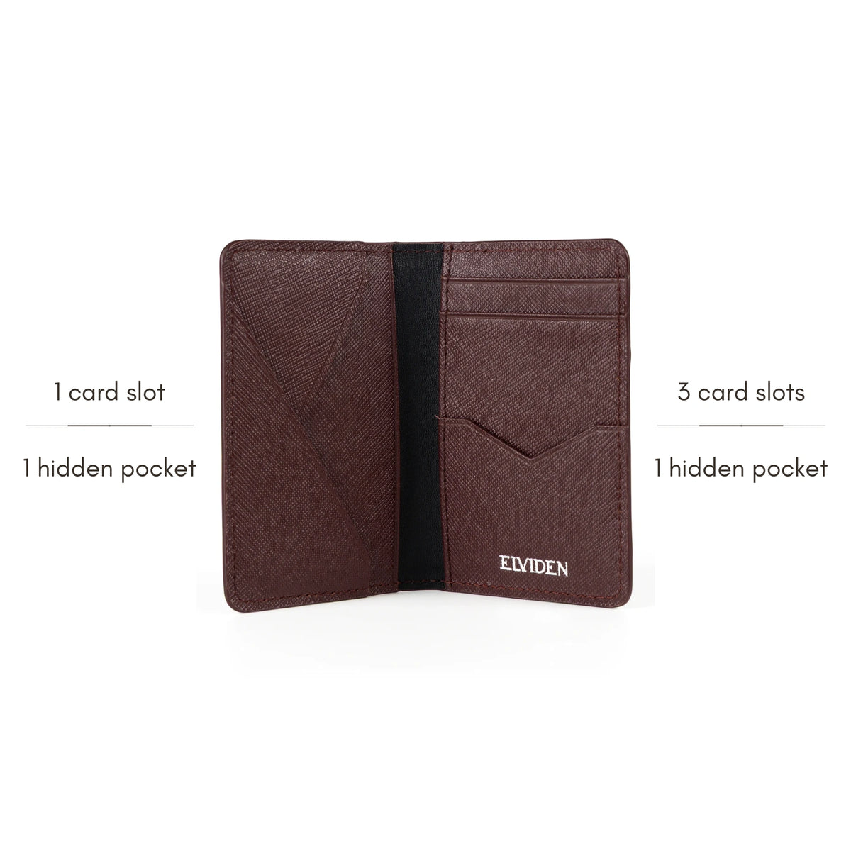 Saffiano Card Holder, Burgundy, open: 1 card slot and 1 hidden pocket on the left, 3 card slots and 1 hidden pocket on the right.