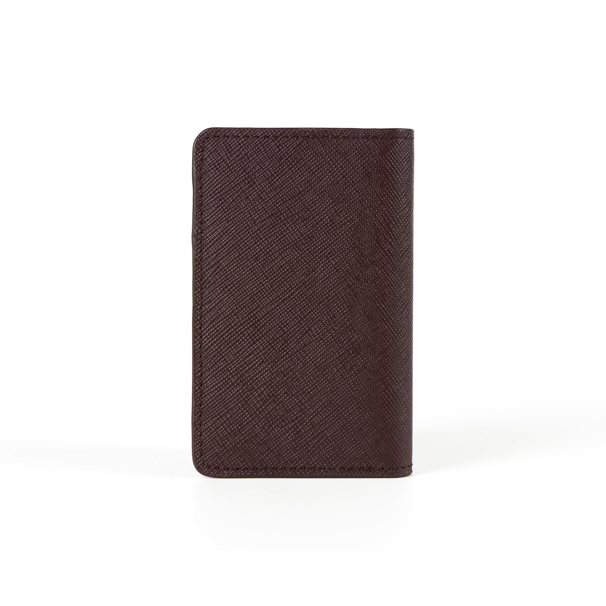 Saffiano Card Holder, Burgundy, back view: plain crosshatch-textured Saffiano leather.