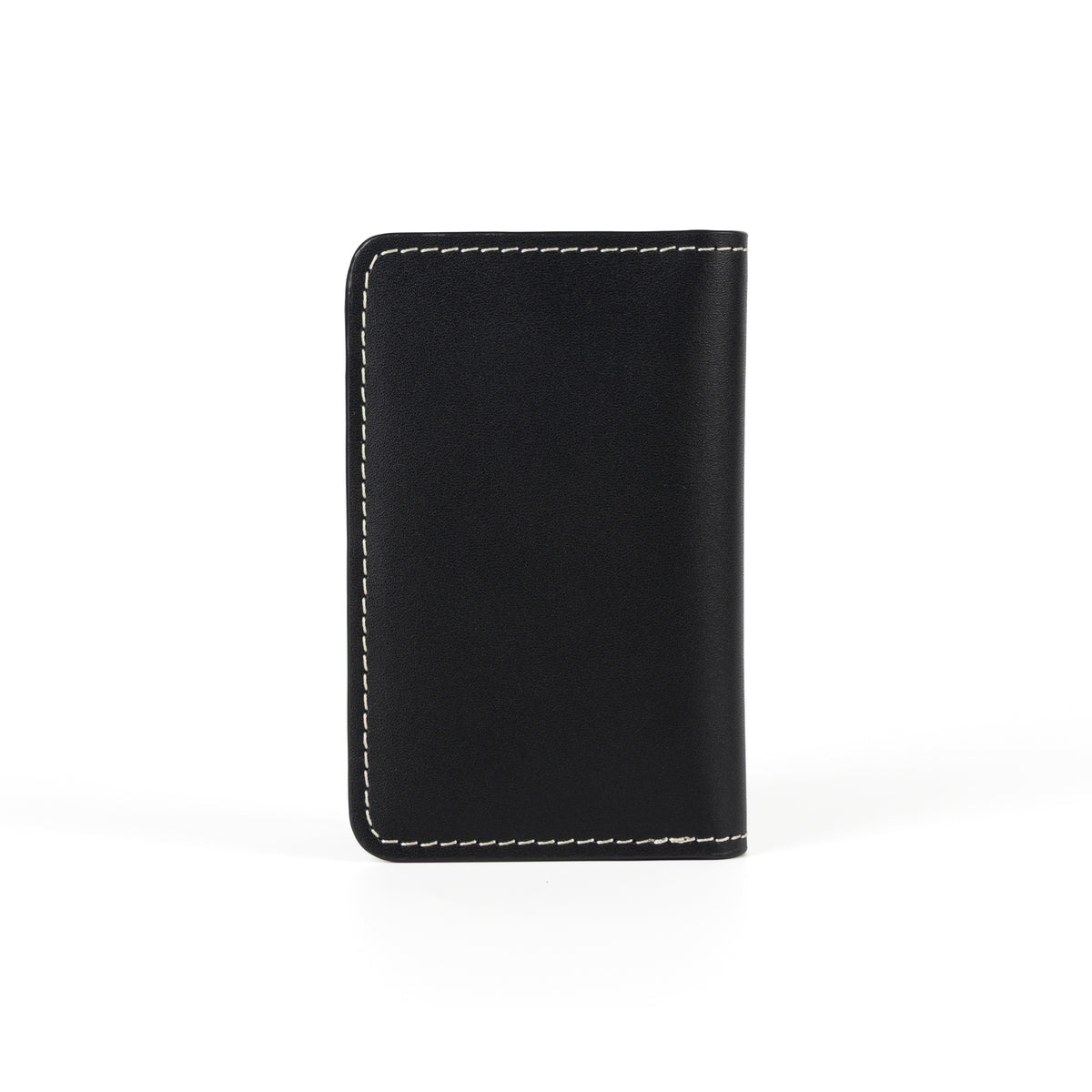 Minimal Card Holder, Black, back view: plain smooth leather with contrast stitching.