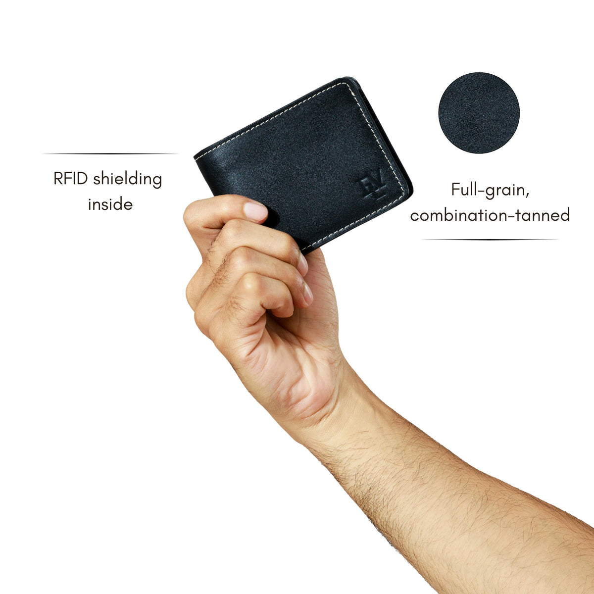 Classic Minimal Bifold in Black held in one hand. Notes: RFID shielding inside; full-grain, combination-tanned leather.