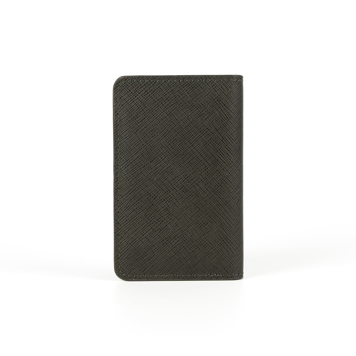 Saffiano Card Holder, Forest Green, back view: plain crosshatch-textured Saffiano leather.