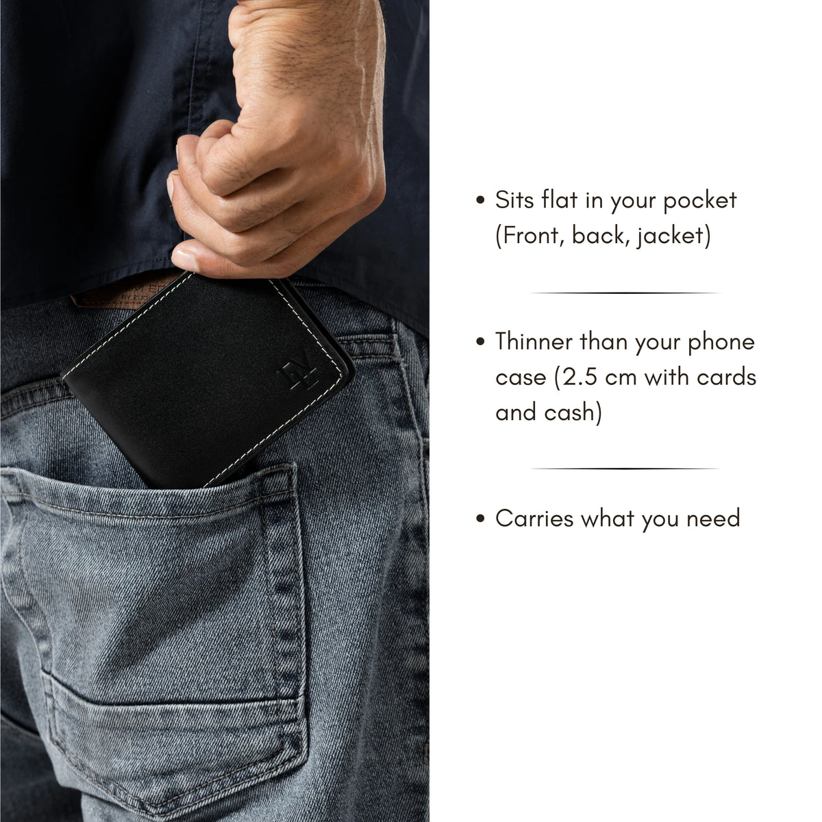 Classic Minimal Bifold, Black, in a back jeans pocket. Sits flat; 2.5 cm thick with cards and cash.