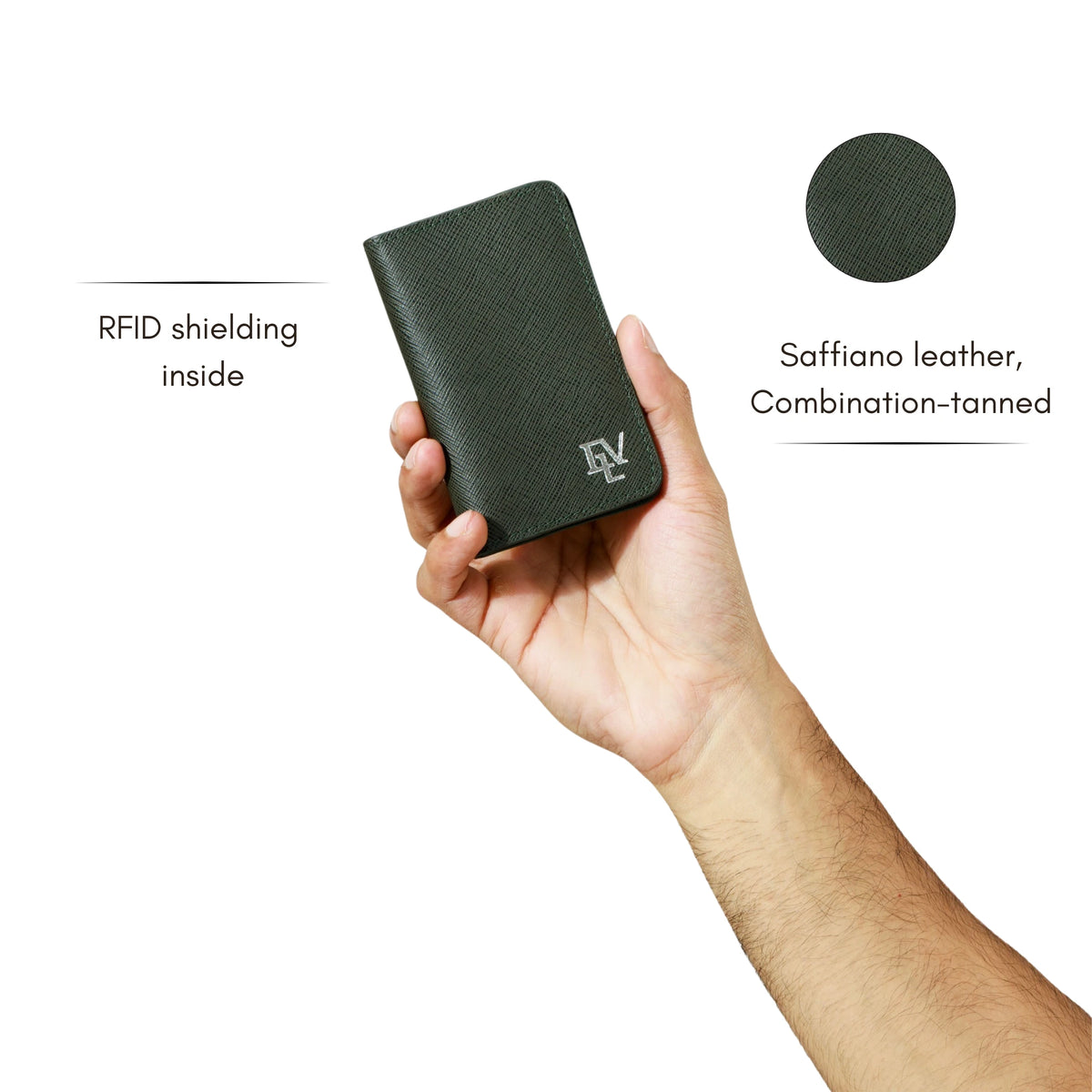 Saffiano Card Holder in Forest Green held in one hand. Notes: RFID shielding inside; Saffiano leather, combination-tanned.