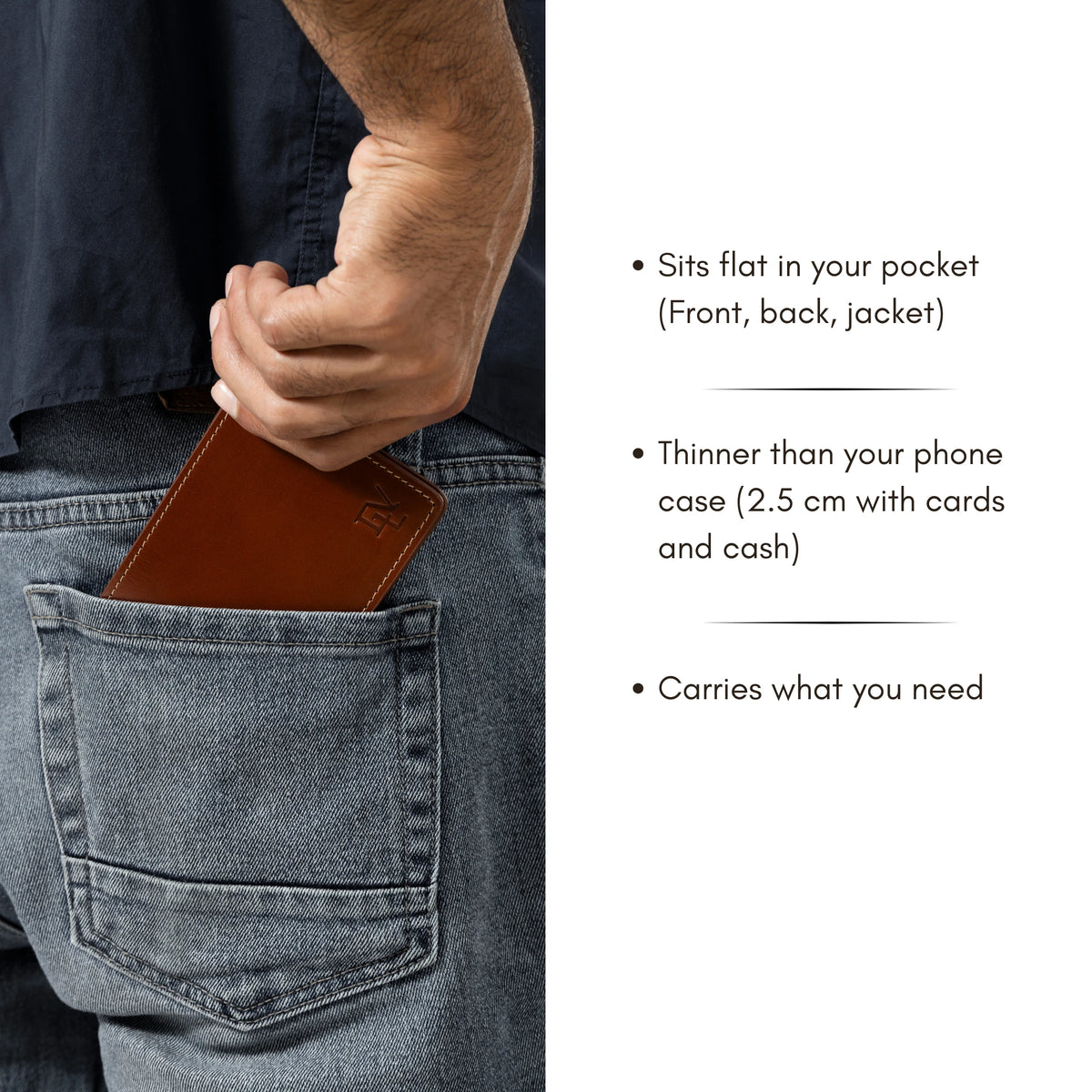 Classic Bifold, Rosata Tan, in a back jeans pocket. Sits flat; 2.5 cm thick with cards and cash.