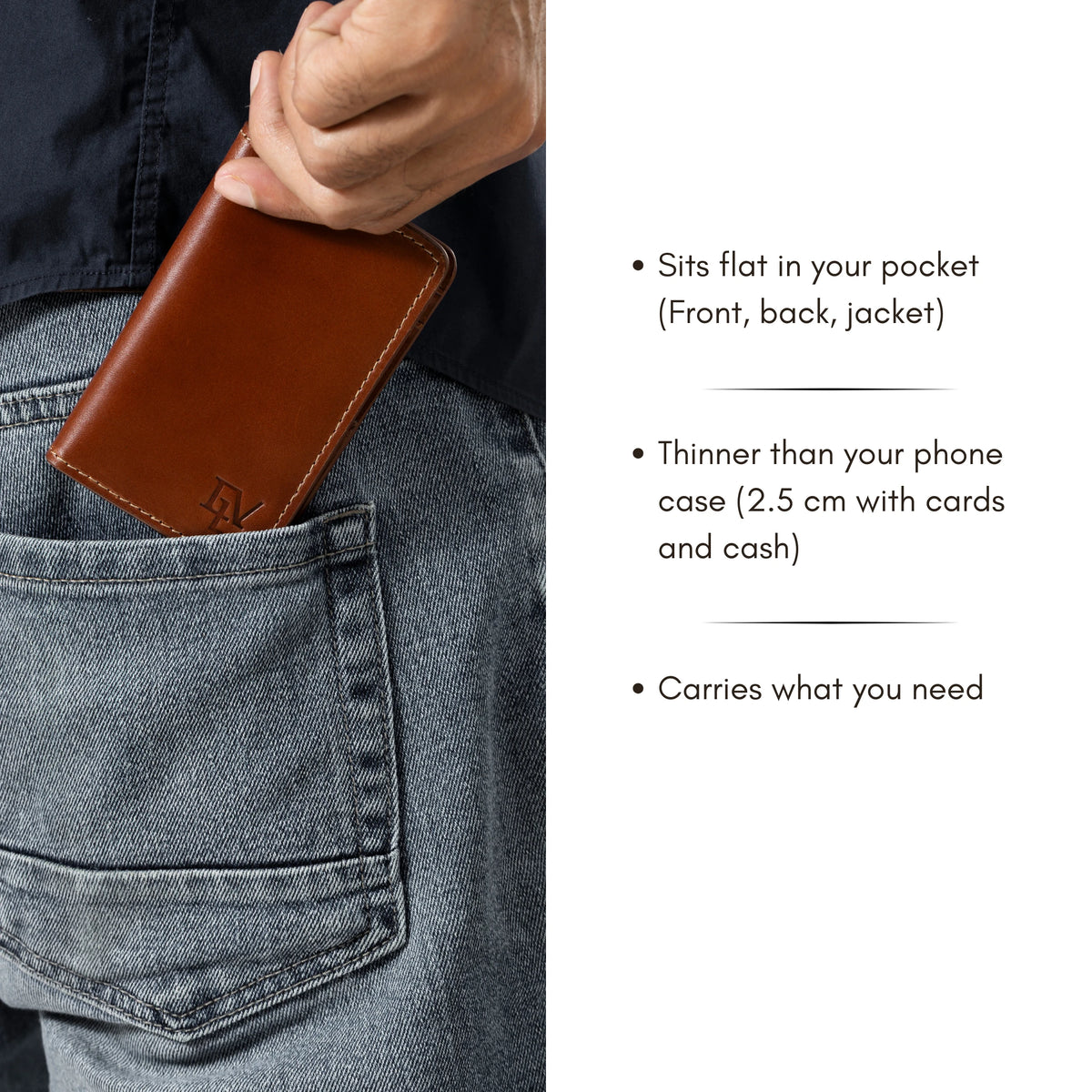 Minimal Card Holder, Rosata Tan, in a back jeans pocket. Sits flat; 2.5 cm thick with cards and cash.