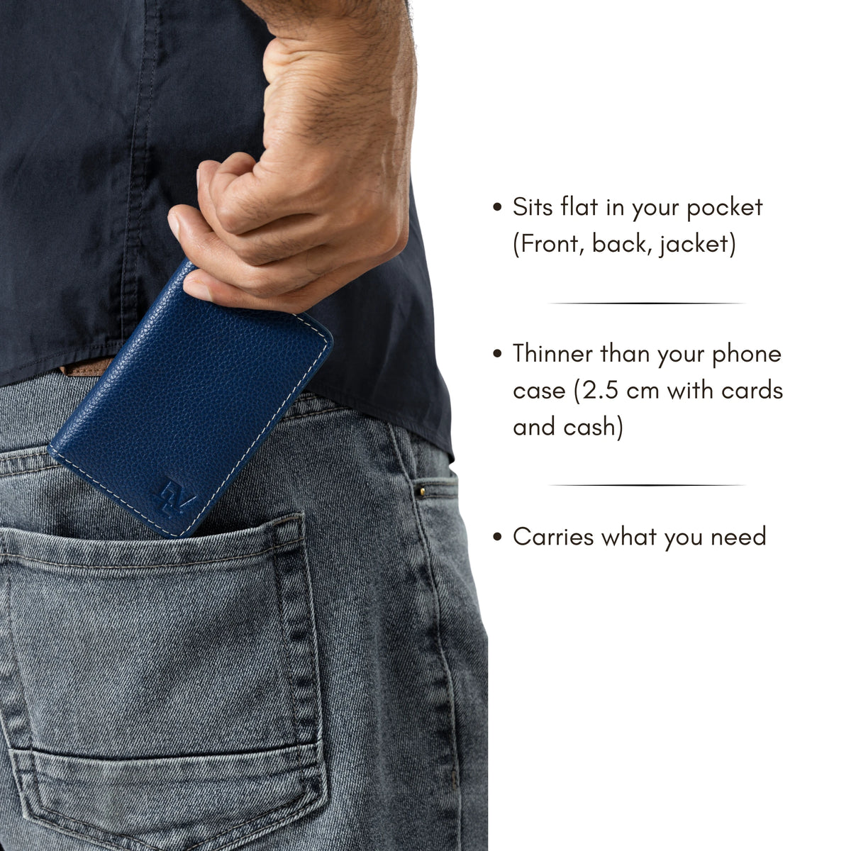 Everyday Card Holder, Alpine Blue, in a back jeans pocket. Sits flat; 2.5 cm thick with cards and cash.